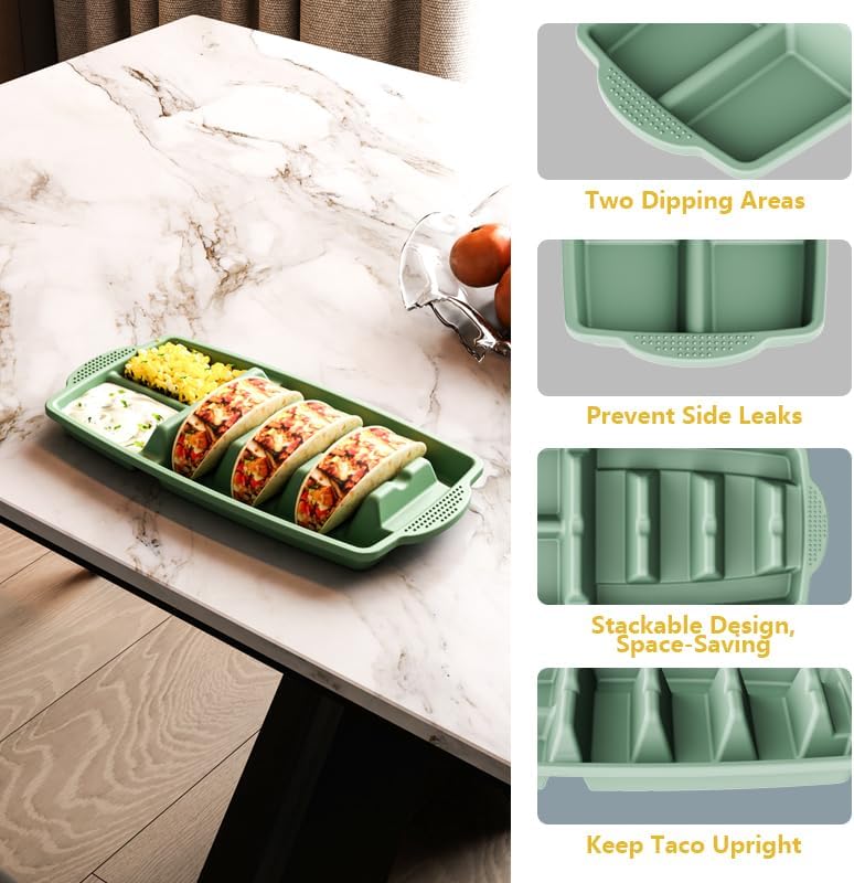 Miniatura 2 de Juego de 2 soportes de silicona reutilizables para tacos, platos para tacos con divisores y cuencos de inmersión, carcasa para tacos con capacidad