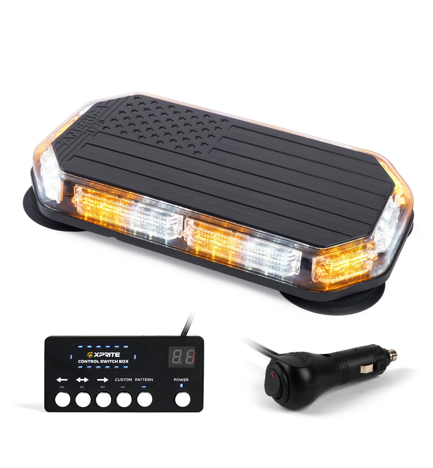 42 LED Roof Top Strobe Beacon Light Bar w/Controller, US Flag Pattern Emergency Warning Flashing Plow Light for Construction Vehicles Snowplow Work Trucks (Amber/White)