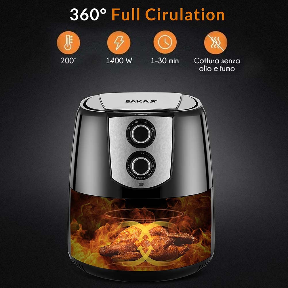 Bakaji Friggitrice ad Aria Calda Senza Olio Airfryer 4,4 Lt Frigge Cuoce Arrostisce in modo Naturale e Salutare Potenza 1400W con Timer 30 min e Regolazione Temperatura fino a 200°