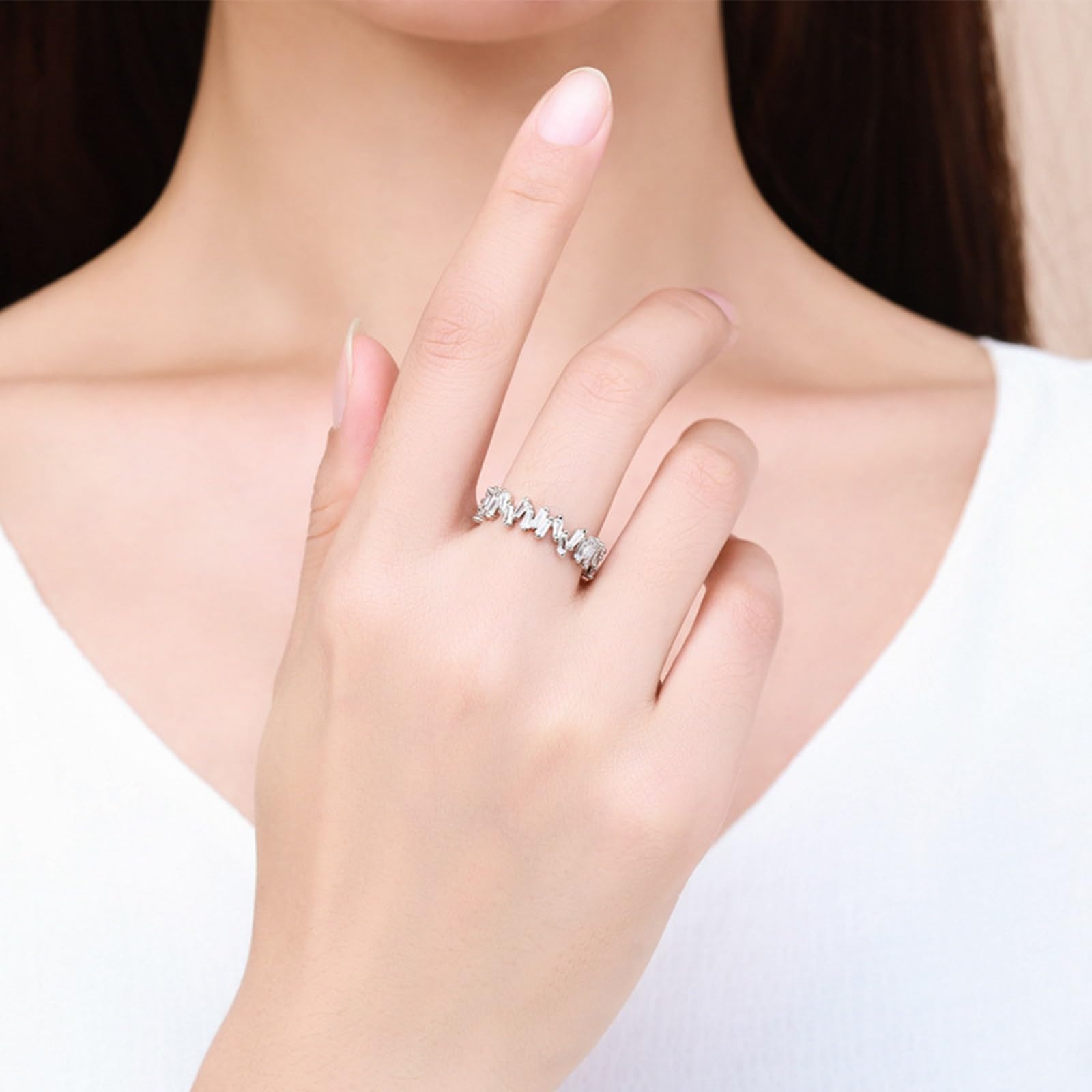 Anello di Matrimonio Oro Bianco, Donna Oro Bianco Delicato Anello dell'eternità con moissanite Geometrica Irregolare