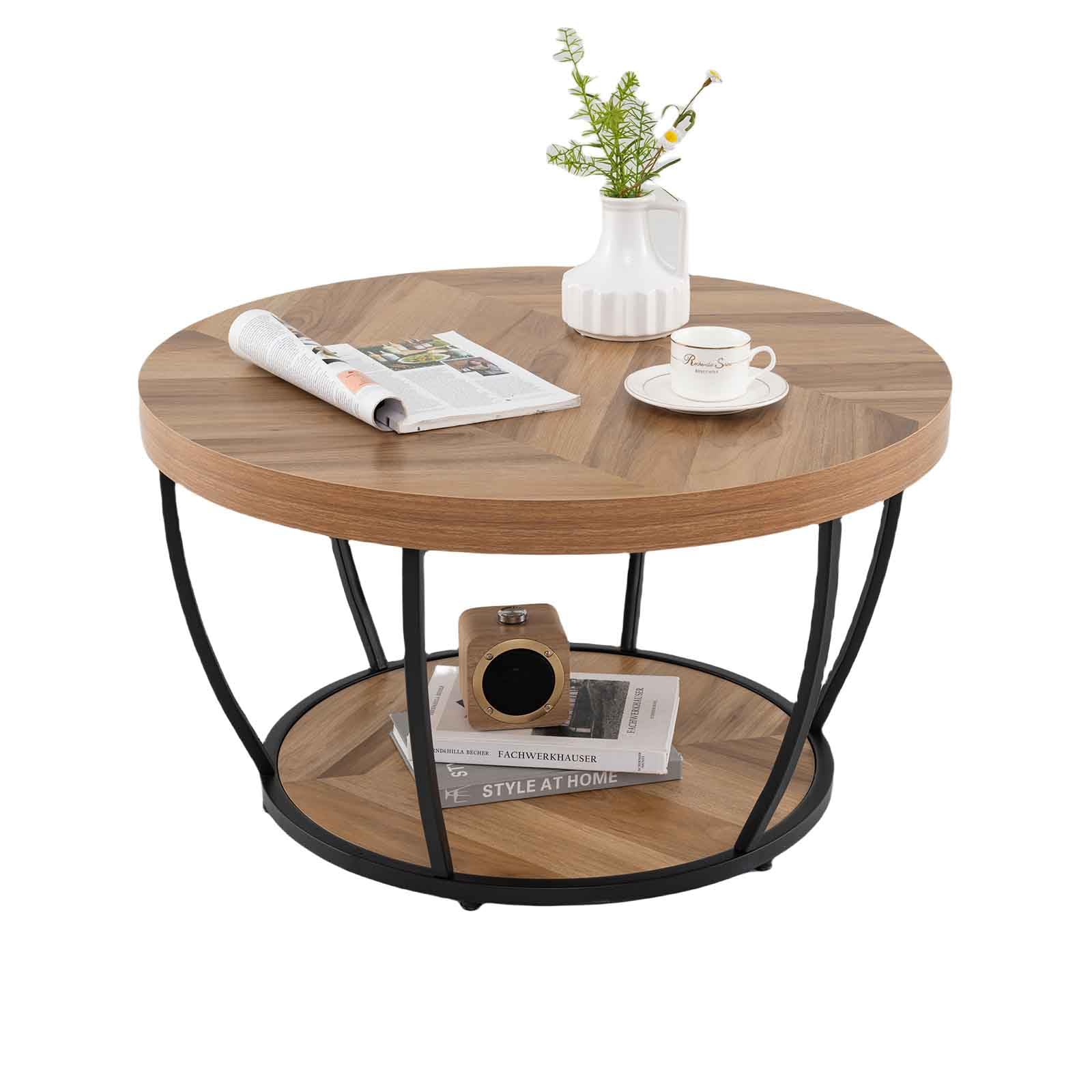 LIFEZEAL Tavolino Salotto Rotondo a 2 Ripiani, Stile Industriale, Tavolino da Caffè, Soggiorno, Divano, Basso, in Legno e Metallo, Montaggio Semplice, Max 90kg, Ø80x45cm, Naturale