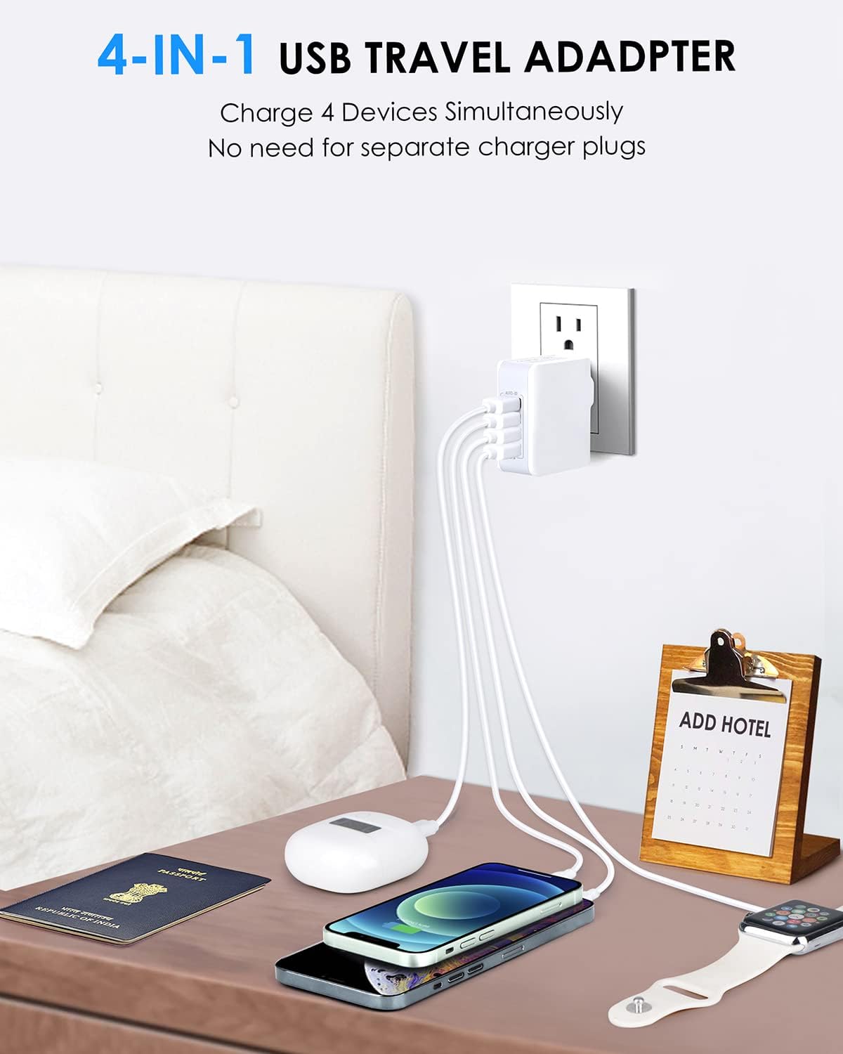 Adaptador Enchufe Universal Adaptador de Viaje Internacional, Cargador Multiple USB de Pared 22W 4.4A Cargador Universal con Enchufe US/UK/EU/AU para iPhone/Samsung/Huawei/iPad/Android/Tablet, Blanco 4