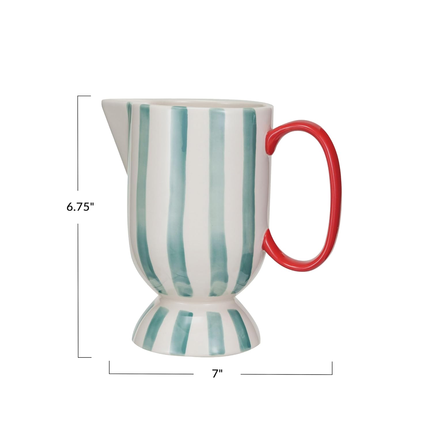 Creative Co-Op 1 Quart Hand-Painted Stoneware Footed Pitcher with Stripes, Red, Aqua and Cream Color