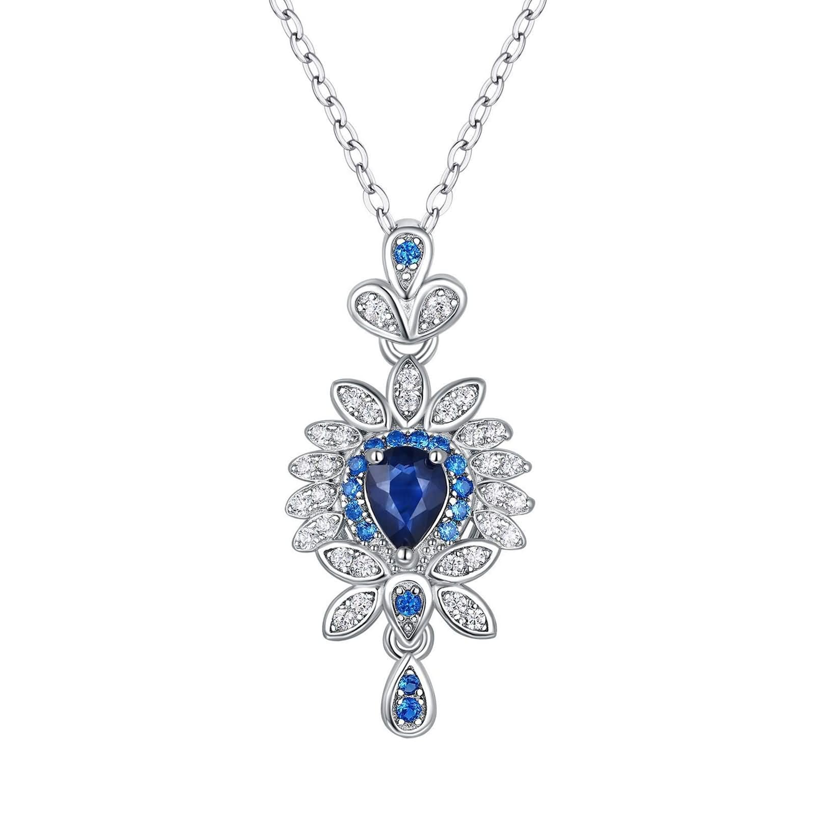 Catenina Collana in Argento Sterling 925,Collane Catena Fiore e Pera con Zaffiro Sintetico Collana Blu Argento con Ciondolo Donna
