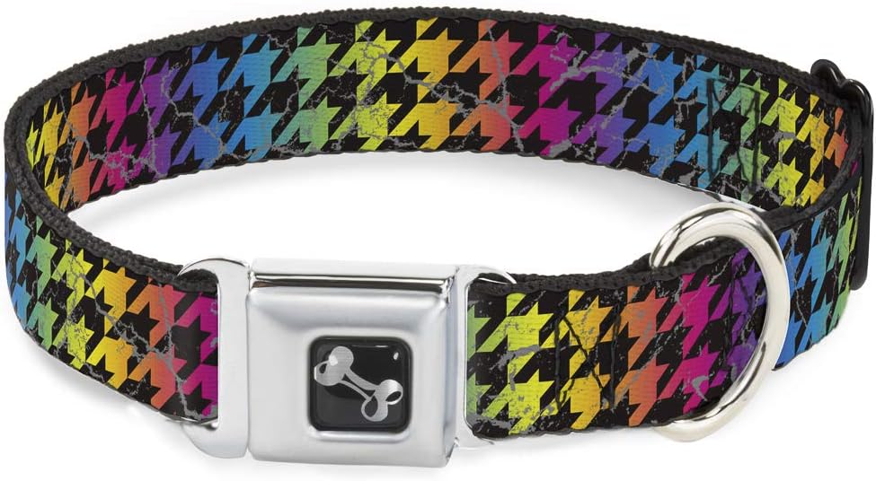 Buckle-Down Seatbelt Buckle Dog Collar - Houndstooth Black/Rainbow - 1" Wide - Fits 11-17" Neck - Medium