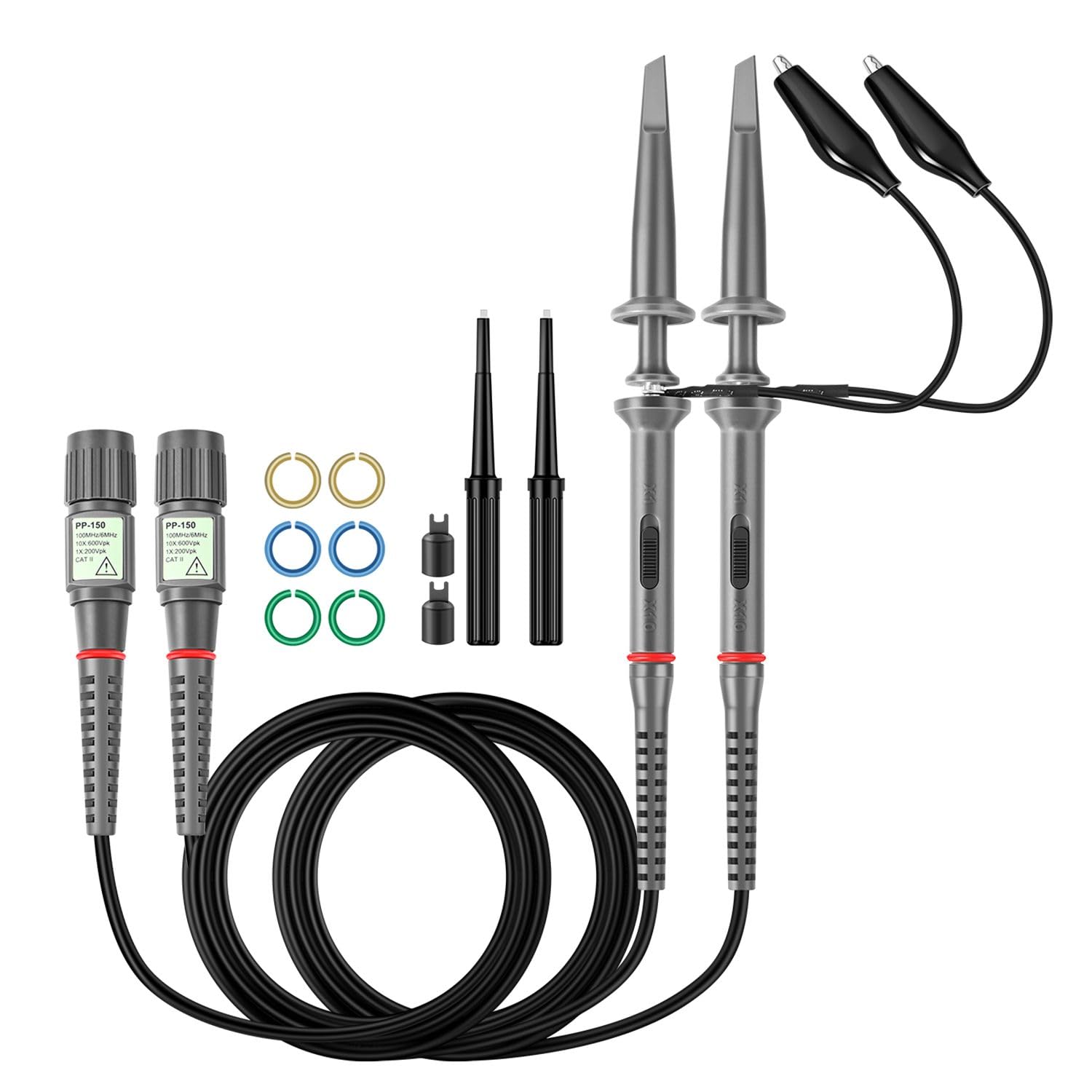 Hantek PP-150 Oszilloskop-Sonden, 100 MHz, inkl. Zubehör-Set, für HP Tektronix Hitachi 200 V-600 V, 2 Stück