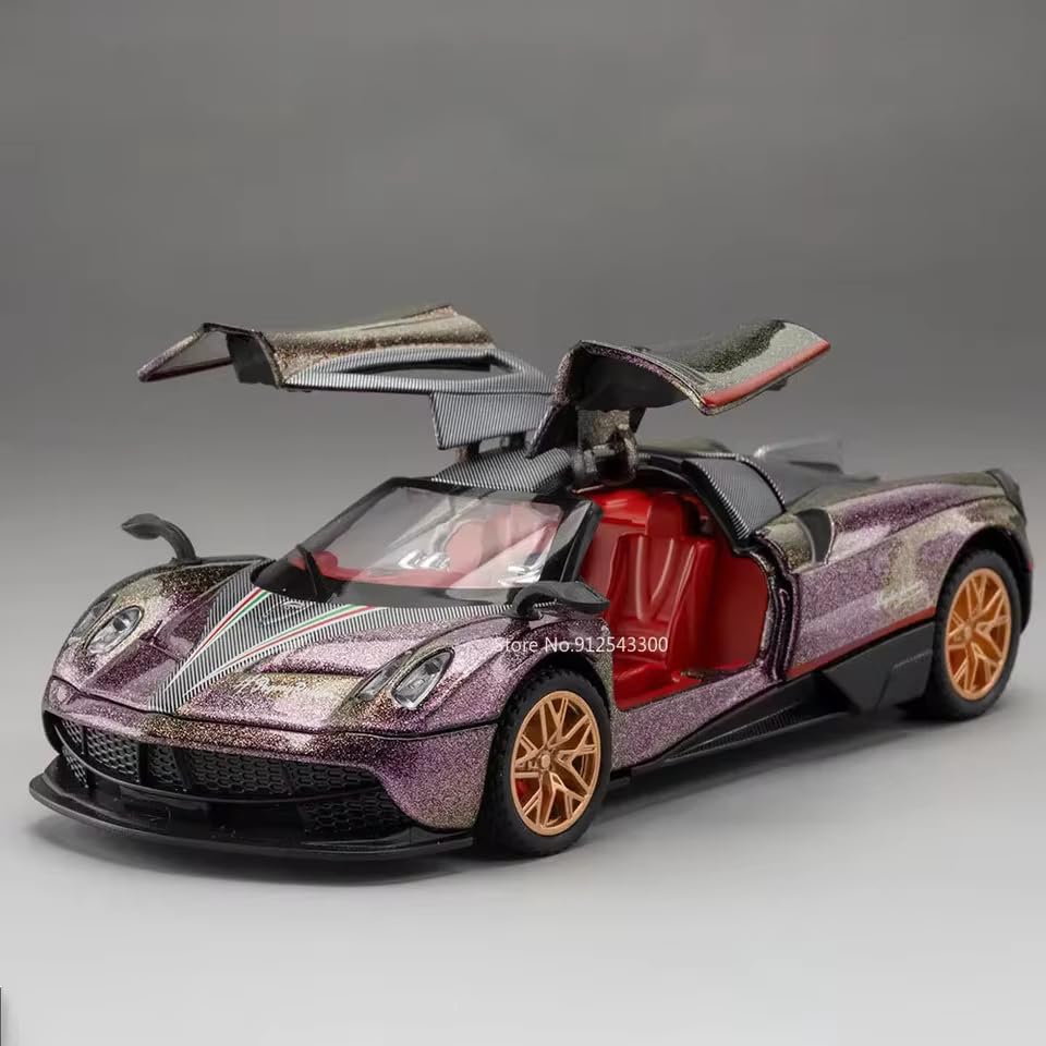 Image of Pagani Huayra Die-Cast Car - 1:32 Scale Alloy Model Supercar with Pull-Back Function, Lights & Sound, Openable Doors - Collectible Toy for Kids, Boys & Men (Color As Per Stock)