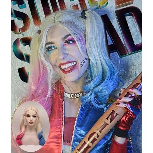 uniwigs Comic Harley Quinn Synthetic Wig Mixed Color Blue and Pink Ombre Color Long Wavy Wig,Cosplay Wig Makeup