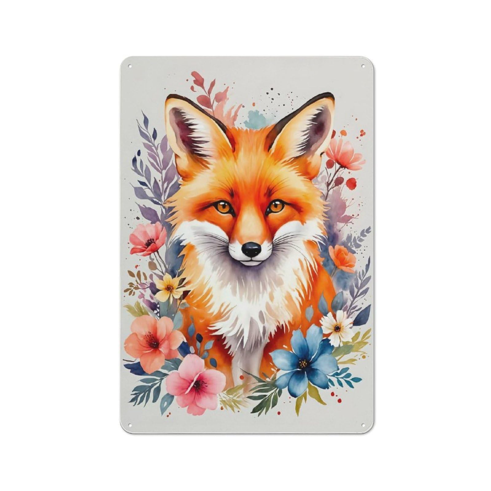 Junmoney Style-5 Tin Wall Plaque 30X20cm With Fox Flowers Watercolor For Garage Wall, With Clear Vintage Wall Decor Character