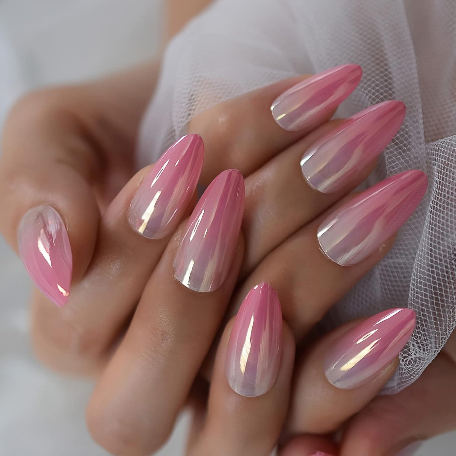Amazon Com Ombre Nails Women Nails Fake Metallic Medium Stiletto Nude Pink Full Cover Artificial False Nails Press On Almond Fingernails Everything Else
