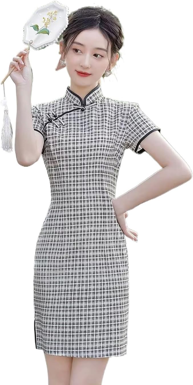 Chinese Style Plaid Cheongsam for Women Summer Slimming Daily Qipao Dress