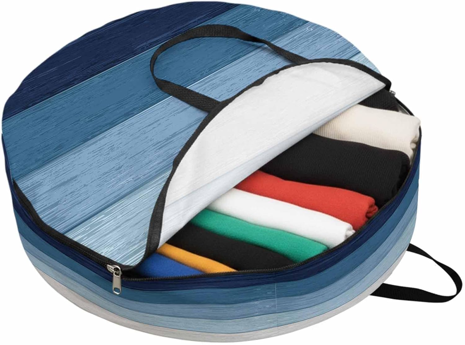 Rustic Stripes Round Storage Bag 36 Inch, Blue Gradient Farmhouse Wood Grain Clothes Storage Container with Handles Heavy Duty Organizer for Comforter, Bedding & Holiday Wreaths