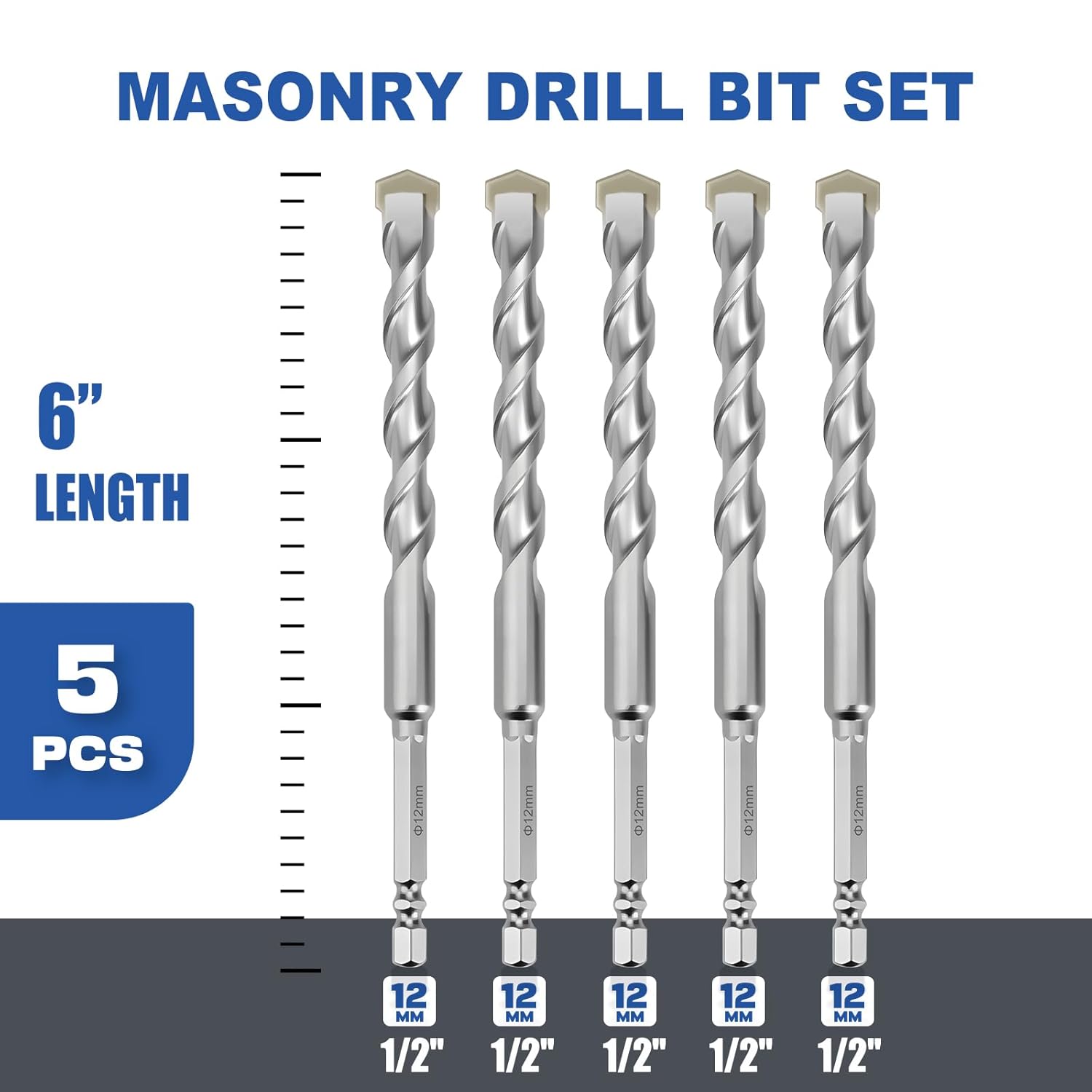 5 Pack 1/2"(12mm) Hex Shank Hammer Drill Masonry Bits, 6" Length Masonry Drill Bits for Concrete, Cement, Brick, Stone (5 Pieces, 1/2" x 6" (12x150mm))