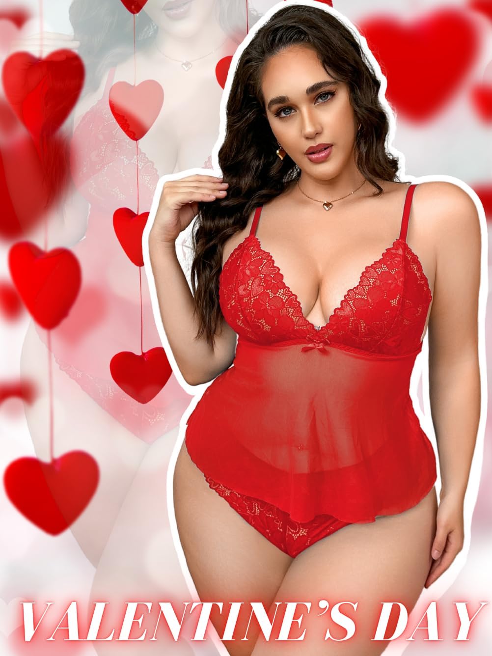 ChiaoLezhee Plus Size Lingerie For Curvy Women, Sexy Heart Hollow Back, Mesh Lace Babydoll 1XL-4XL, Sheer 2 Piece Set