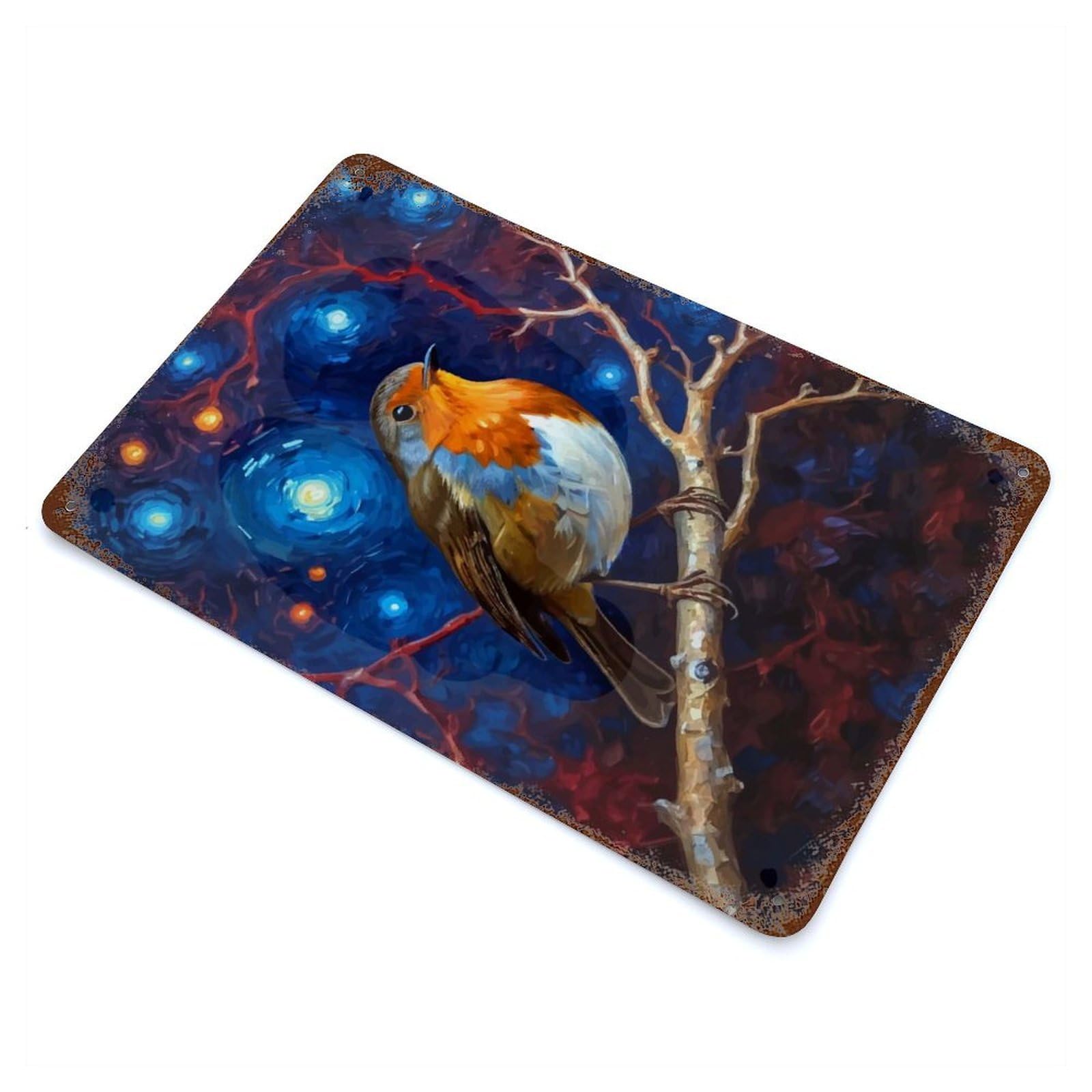 Rust Effect Robin in Starry Night Rusty Metal Tin Sign 11.8"x7.9", Old School Wall Decor for Pub, Kitchen And Man Cave Decor