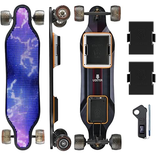 Electric Skateboard with Remote, Max 600W×2 Hub-Motors, Swappable Battery, Up to 28 MPH, 12–25 Miles Range, 4 Speed Modes, Electric Longboard for Adults & Beginners (Flamo / S3 / Pixel Series)