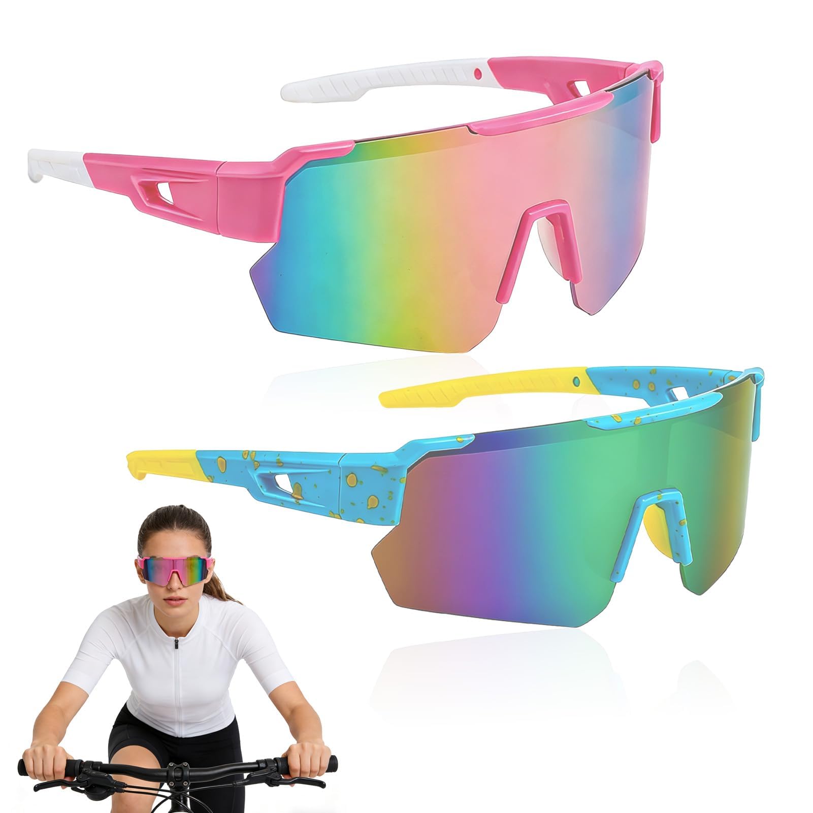 Aivane 2 PCS Lunette de Soleil Sport Polarisée, Lunettes de Vélo pour Hommes & Femmes, Lunette De Vitesse pour Cyclisme, Ski, Moto, Course à Pied, Pêche, Baseball, Beach-Volley, UV400 Protection