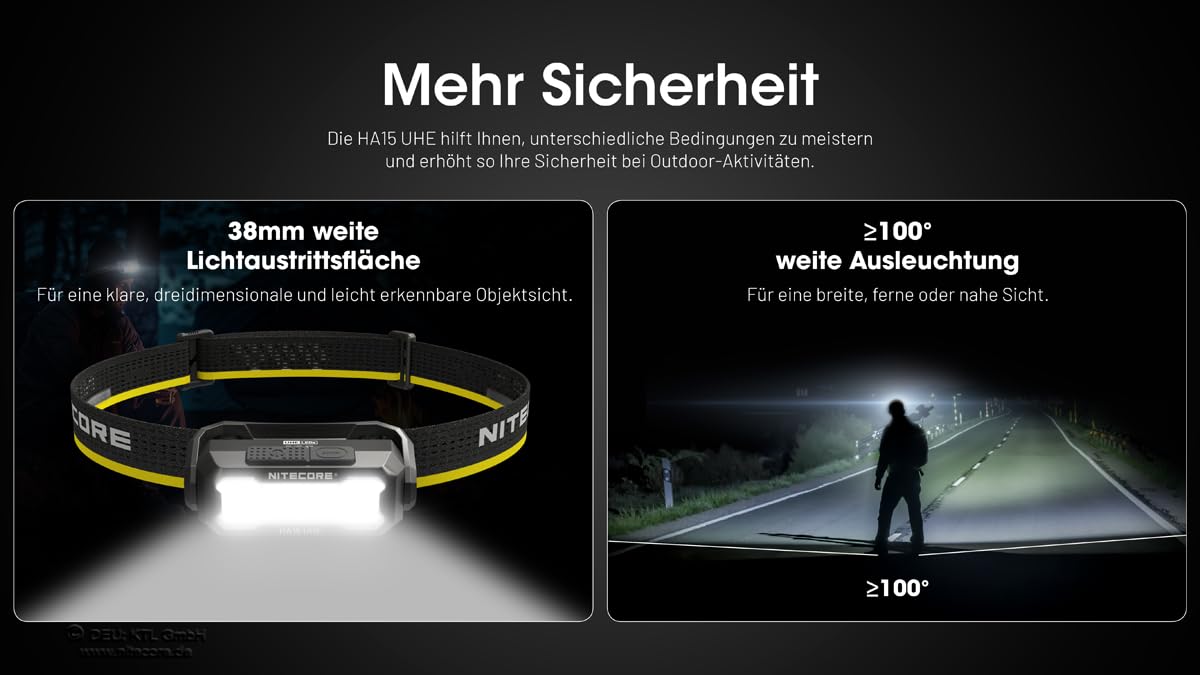 Nitecore Stirnlampe HA15 UHE – Ultraleichte USB-C wieder-aufladbare Kopflampe mit 400 Lumen, Rot-Licht, wasserfest, ideal für Nacht-Wanderung, Camping & Joggen
