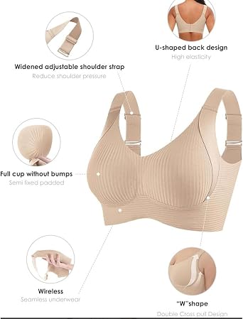 Women's Ribbed Adjustable Wireless Bra, Super Firming Wire-Free Push up