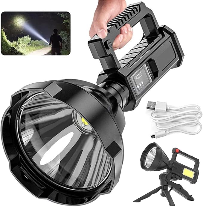 arcanine rechargeable spotlight, super bright 100000 lumens led spot lights flashlight large handheld searchlight long lasting for outdoor hunting boating camping(ar-01)
