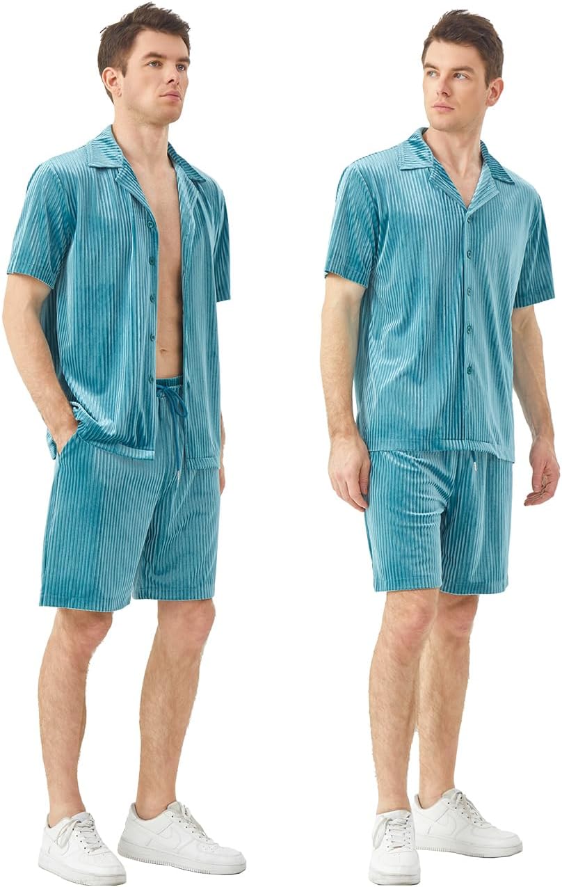 Mens Summer Short Sets Velvet Tracksuit 2 Piece Casual Short Sleeve Shirts and Shorts for Men Beach Vacation - Image 6
