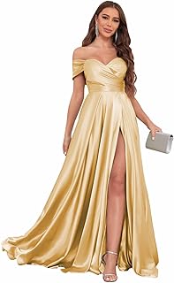 Off The Shoulder Satin Prom Dresses for Women Long Formal Evening Party Dress with Slit - Buy now