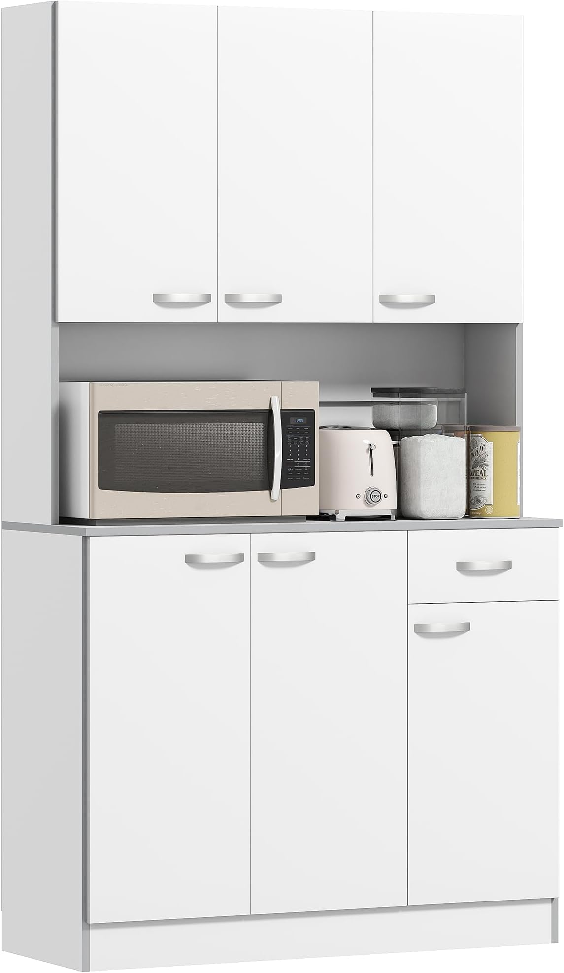 71" Kitchen Pantry Cabinet, Tall Storage Cabinet with Microwave Stand, Buffet with Hutch, 6 Doors, Storage Drawer, 3 Adjustable Shelves for Living Room, Dining Room, White