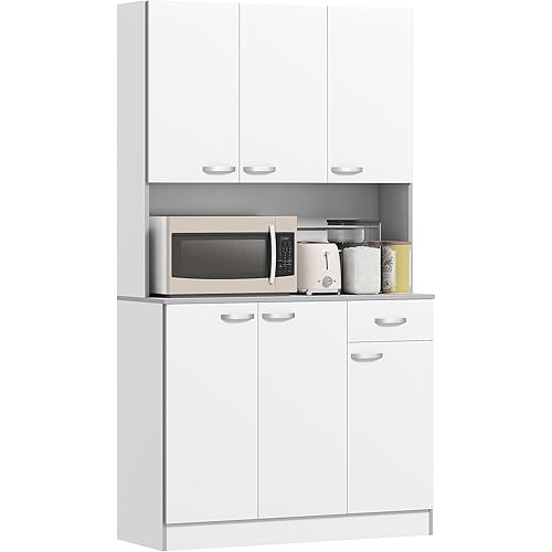 HOMCOM 71" Kitchen Pantry Cabinet, Tall Storage Cabinet with Microwave Stand, Buffet with Hutch, 6 Doors, Storage Drawer, 3 Adjustable Shelves for Living Room, Dining Room, White