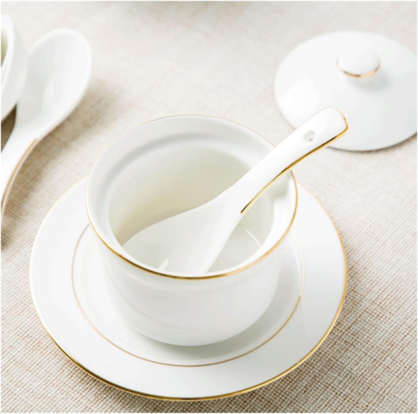 Spoon Table Spoons 10 Pack Ceramic Soup Spoon Rice Spoon Restaurant Spoon White Gold Edge Spoon for Home, Kitchen Or Restaurant (C)