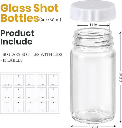 Vista 20 de Paquete de 9, botellas de vidrio de 2 onzas con tapas negras y 9 etiquetas, tarro pequeño transparente para jengibre, inyección de bienestar, jugo
