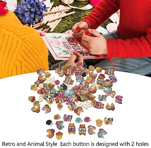 Miniatura 3 de Botones para manualidades, 1.2 pulgadas de largo, lindos animales, coloridos y ligeros, botones de madera para coser, manualidades (animales, 100