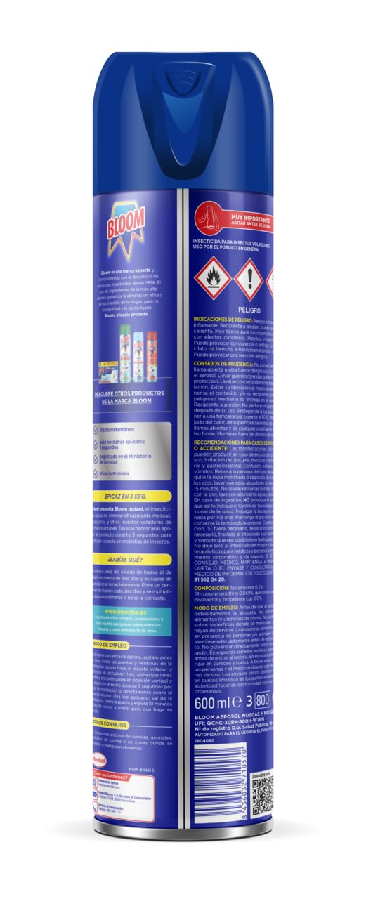 Bloom Instant Aerosol contra moscas y mosquitos 600ml, insecticida en aerosol contra insectos voladores, acción inmediata, 100% eficacia (en contacto directo)
