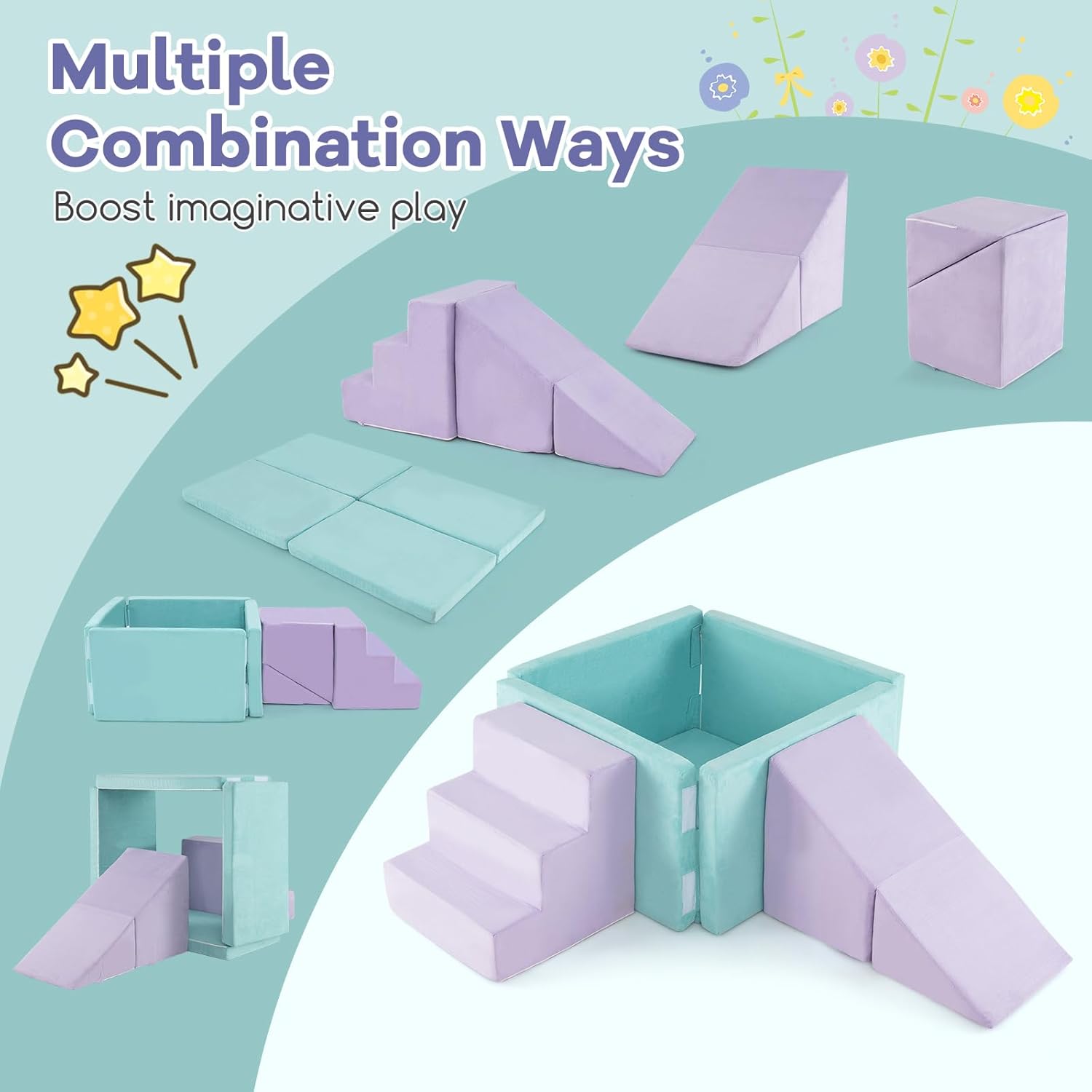 Costzon Toddler Climbing Toys Indoor, 3-in-1 Kids Ball Pit with Suede Fabric Soft Play Set (Balls Not Included) for Inside Crawling Sliding Playing, Foam Climbing Blocks for Toddlers, Lavender & Green