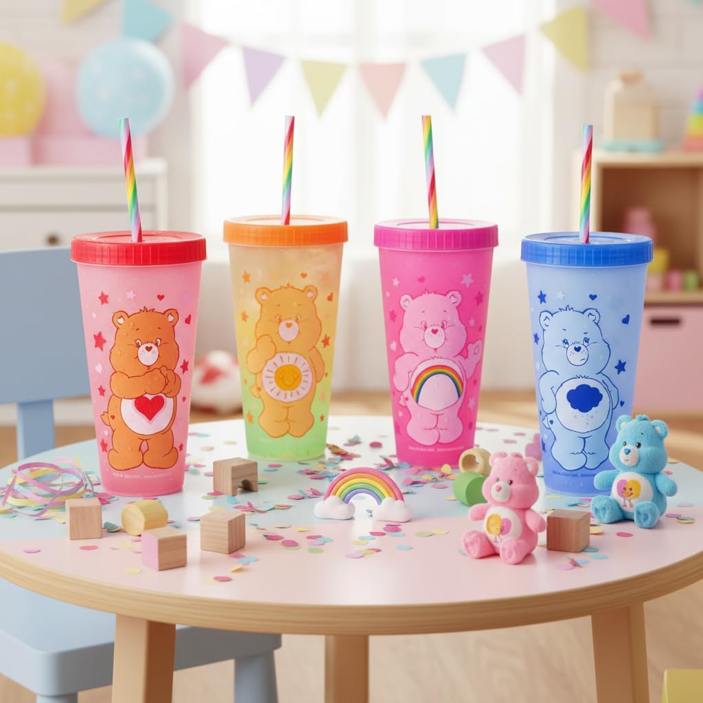 Silver Buffalo Care Bears Hearts and Stars 4 Pack Plastic Color Changing Tumblers with Rainbow Swirl Straws Featuring Tenderheart, Funshine, Cheer, and Grumpy Bear 24 Ounces - Image 13