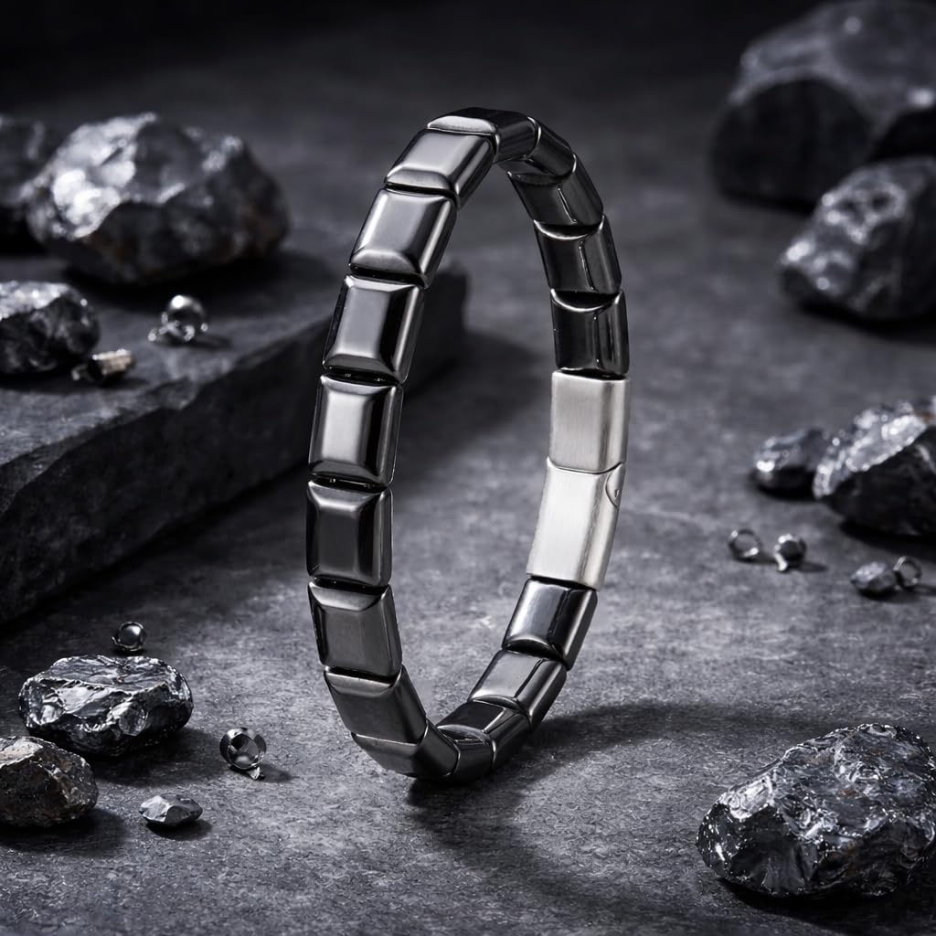 Bracelet Hématite Homme - Bracelet en Pierre Naturelle Véritable, Perles Rectangles avec Fermoir Aimanté Haute Qualité et Pochette en Velours, LesBacos
