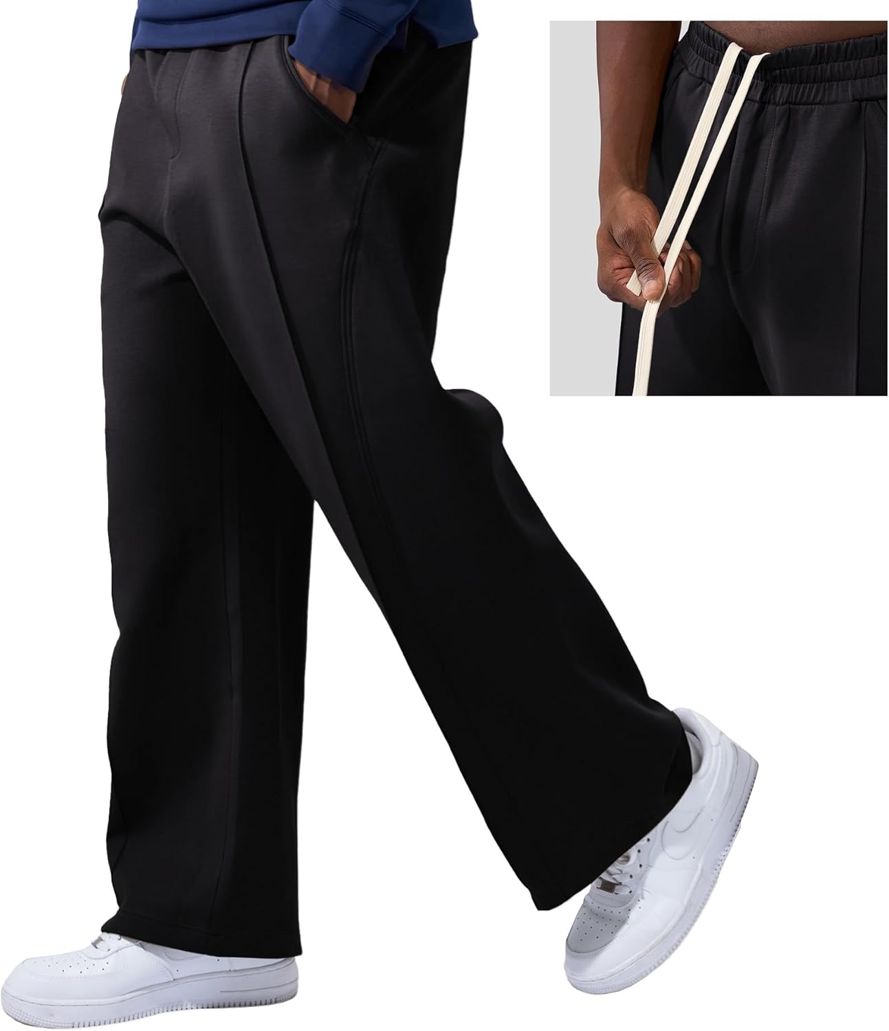 Fioboc Men's Baggy Sweatpants Wide Leg Pants Drawstring Elastic Waist Curved Design Casual Pants with Pockets