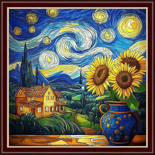 Image of Dimensean Stamped Cross Stitch Kits Full Range of Embroidery Patterns Starter Kits for Beginners Adult DIY Cross Stitches Needlepoint Kits 11CT- Van Gogh Starry Sky Sunflower 18x18 inch