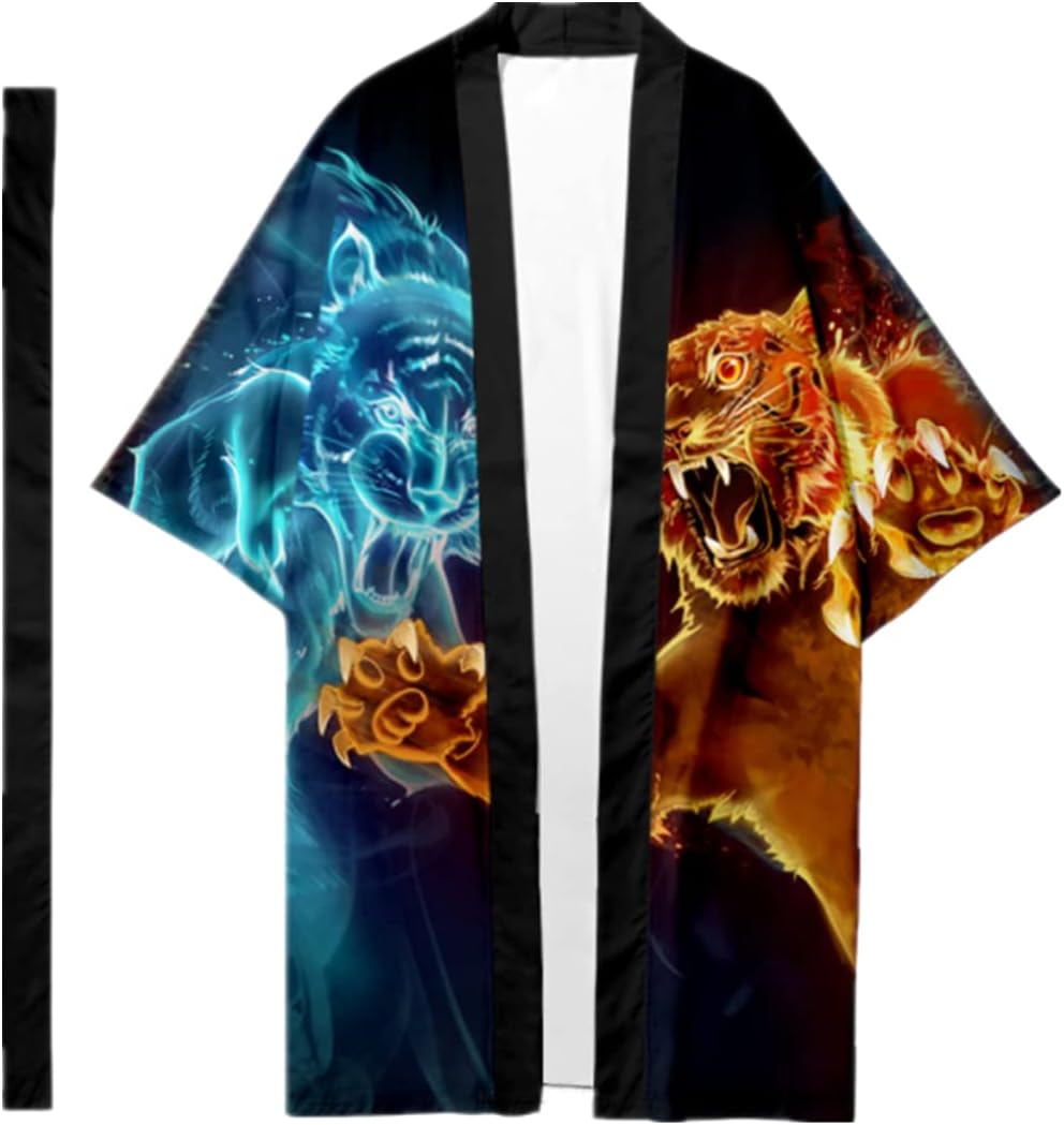 HZCX FASHION Mens Kimono Robe With Belt Printed Lightweight Open Front Samurai