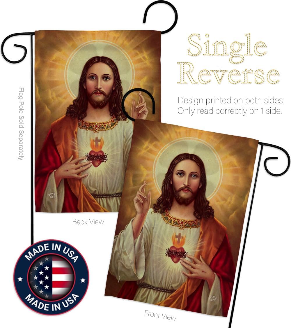 Feast of Sacred Heart of Jesus Flag Wood Dowel Set Wall Hanging Decor Home Poster Porch Religious Canvas Room Tapestry Faith Fathers Day Cemetery Decoration for Grave Yard Catholic Gifts