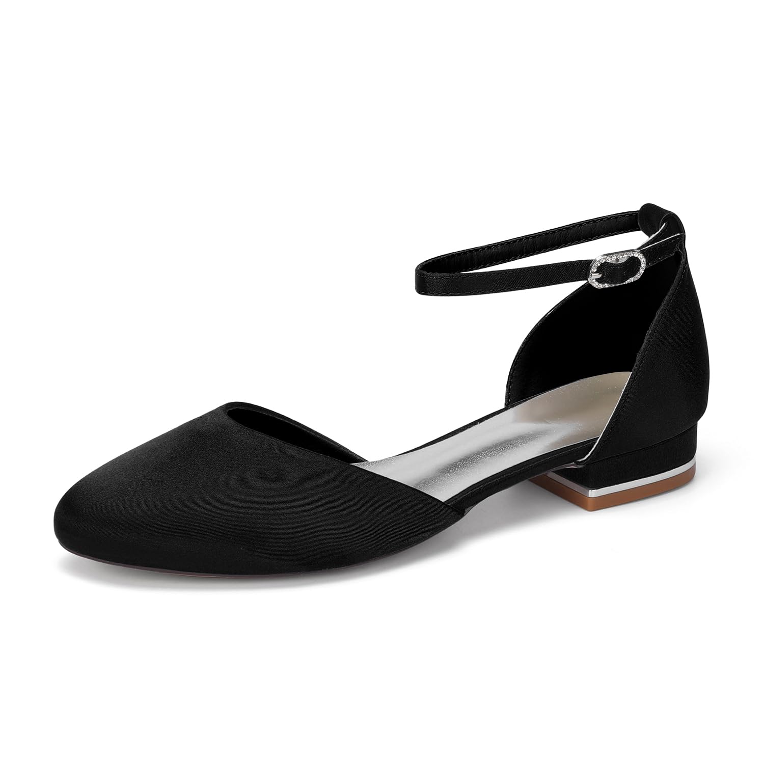 Ballerine Mary Jane in Raso Bianco Donna, Scarpe da Sposa a Punta Tonda con Cinturino alla Caviglia e Taglio D'Orsay, Eleganti Scarpe Basse da Cerimonia