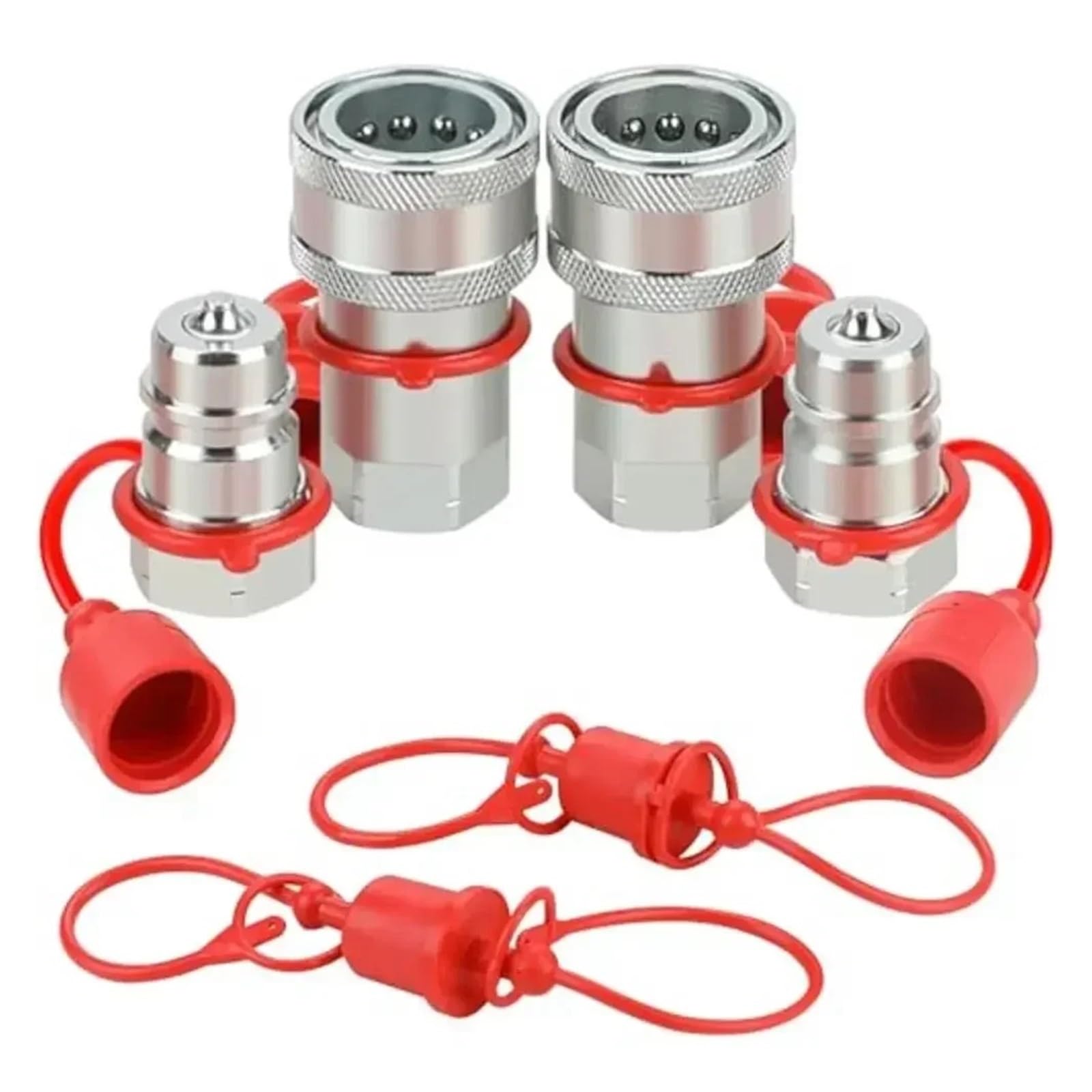 2Sets 7241-A Hydraulic Quick Connect Coupler 1/2 1/4 3/8 Fittings with Caps(NPT1-2)