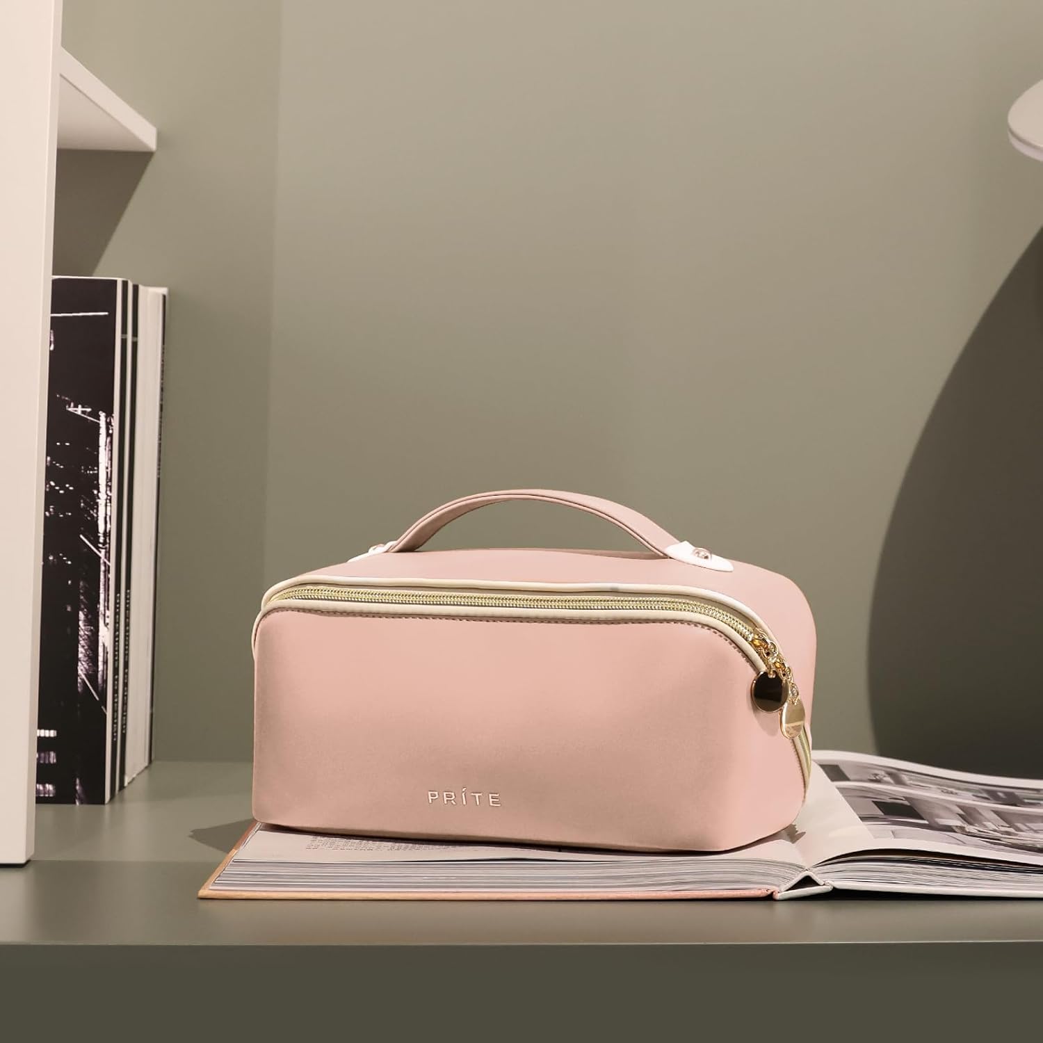 Prite Makeup Bag for Women Travel Waterproof Vegan Leather Cosmetic Bag Open Flat Toiletry Bag With Clear Divider and Handle (Large Pink Pro)