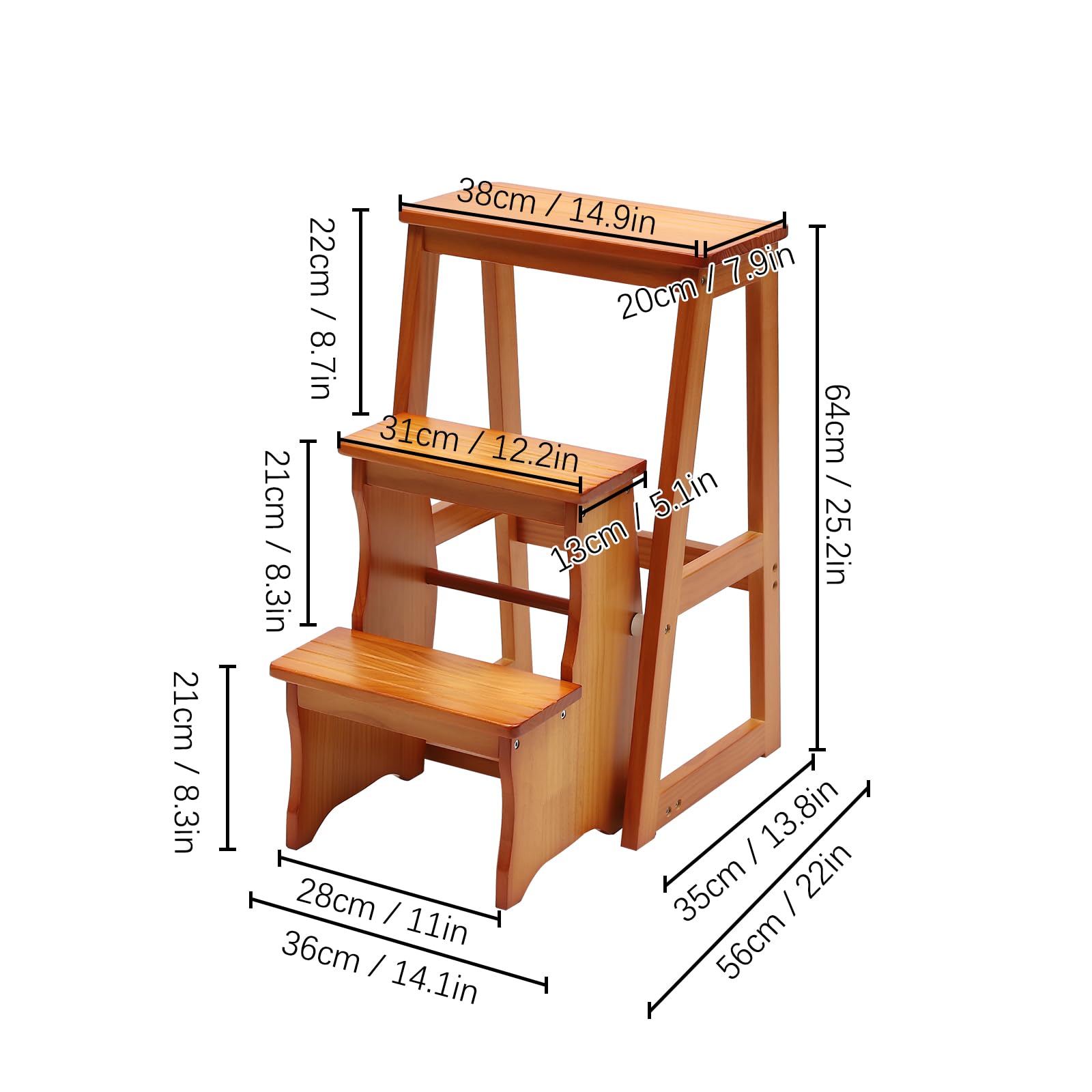 ZHIMIFU 3 Tier Folding Library Ladder Chair,Multi-Functional Wood Step Ladder Portable Folding Solid Wood Step Stool Display Stand and Flower Stand for Home Kitchen Outdoor, 22 * 14.9 * 25.2 Inch