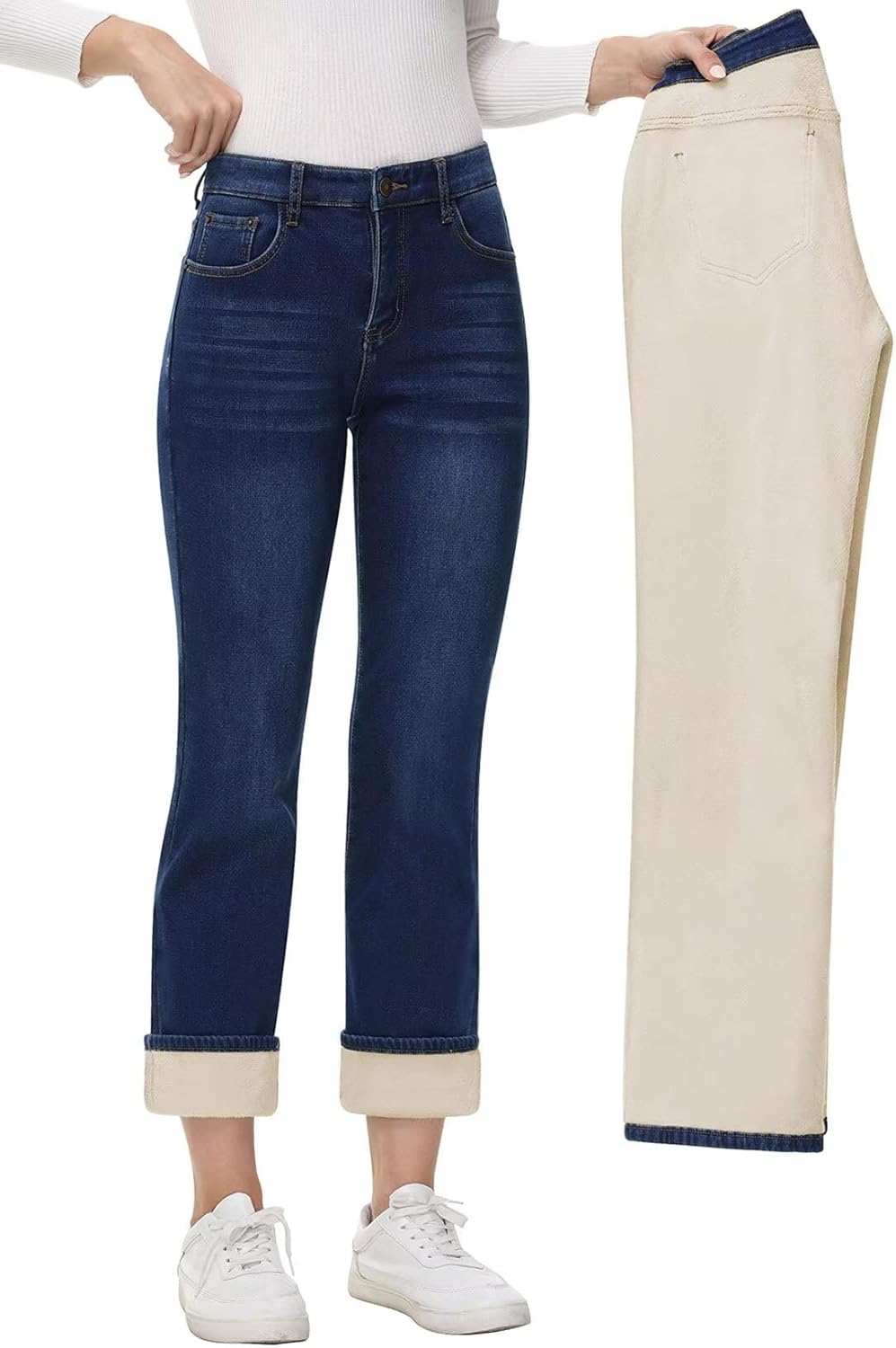 AMRSPENG Women's Fleece Lined Jeans Women Straight Leg Jeans Winter High Waisted Fleece Lined Denim Pants