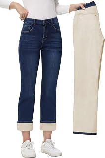 AMRSPENG Women's Fleece Lined Jeans Women Straight Leg Jeans Winter High Waisted Fleece Lined Denim Pants