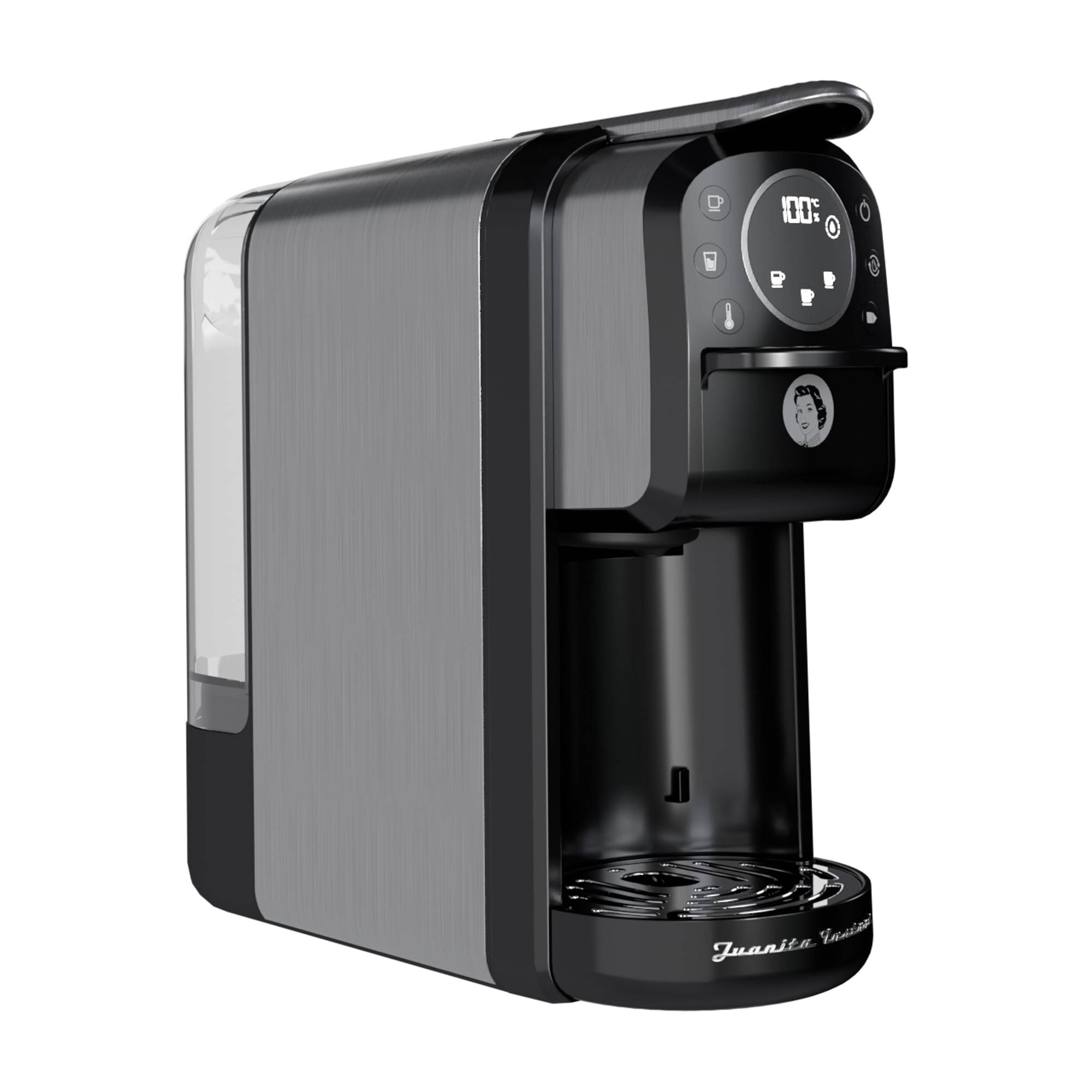Juanita Cafetera Multicápsula Instant – 1400W, Presión 20 Bares, Compatible con Cápsulas y Café Molido, Pantalla Digital, Depósito 1.3L, Compacta y Fácil de Limpiar