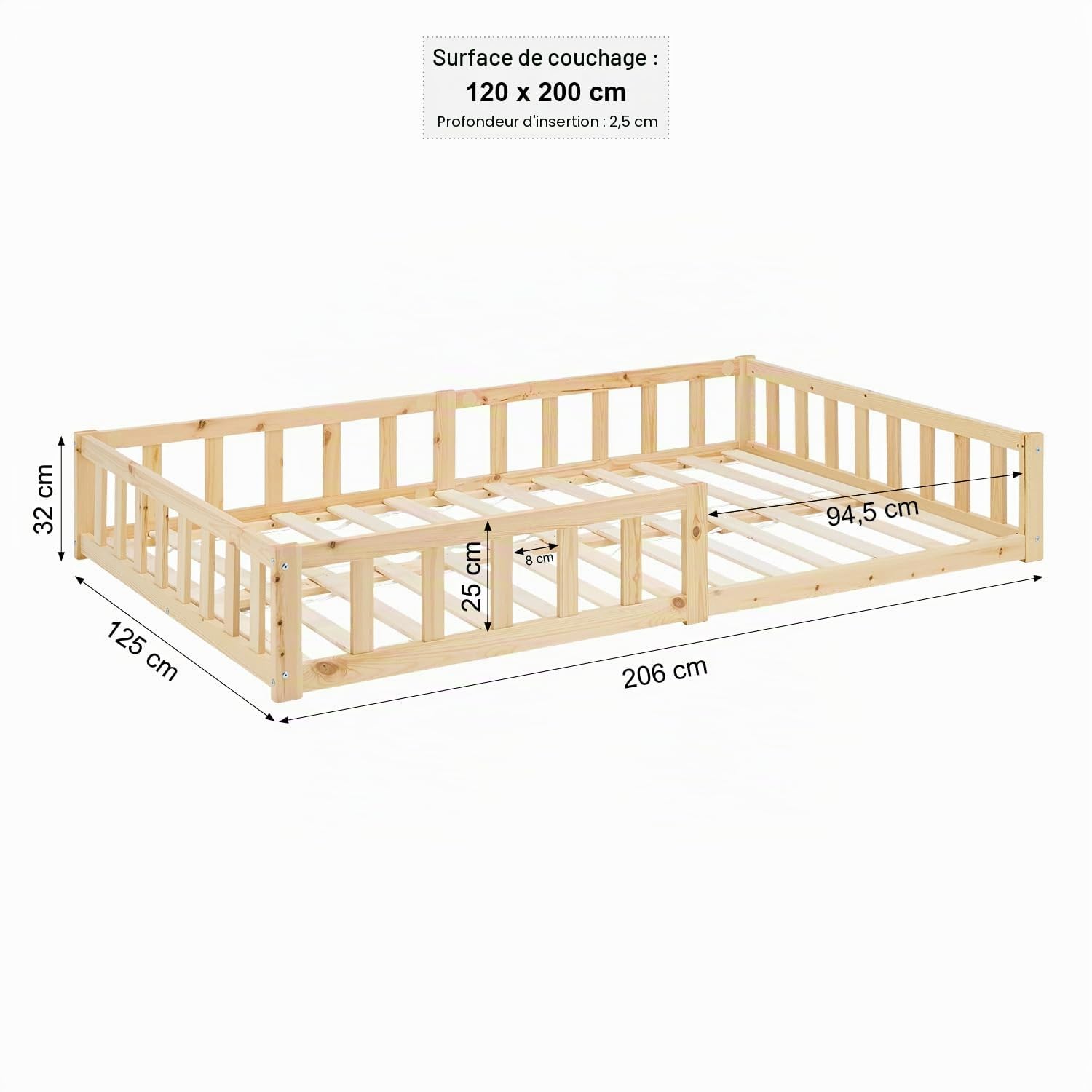 Homestyle4u Lit de sol, 120 x 200 cm, naturel, Montessori en bois, pour enfant, avec protection anti-chute, sommier à lattes
