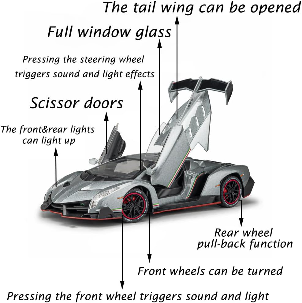 Alloy Collectible 1/24 Gray Lambo Veneno Toy Pull Back Vehicles Diecast Cars Model with Light & Sound
