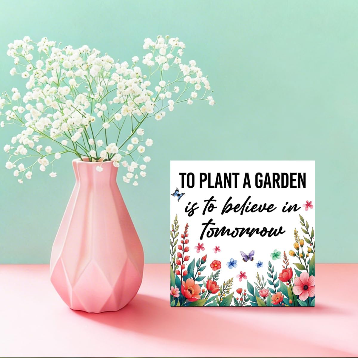 Spring Themed Wooden Box Sign, Believe in Tomorrow Wood Block Sign for Home Kitchen Garden Decor Tiered Tray Desk Shelf Tabletop Decor 5 X 5 Inches image 4