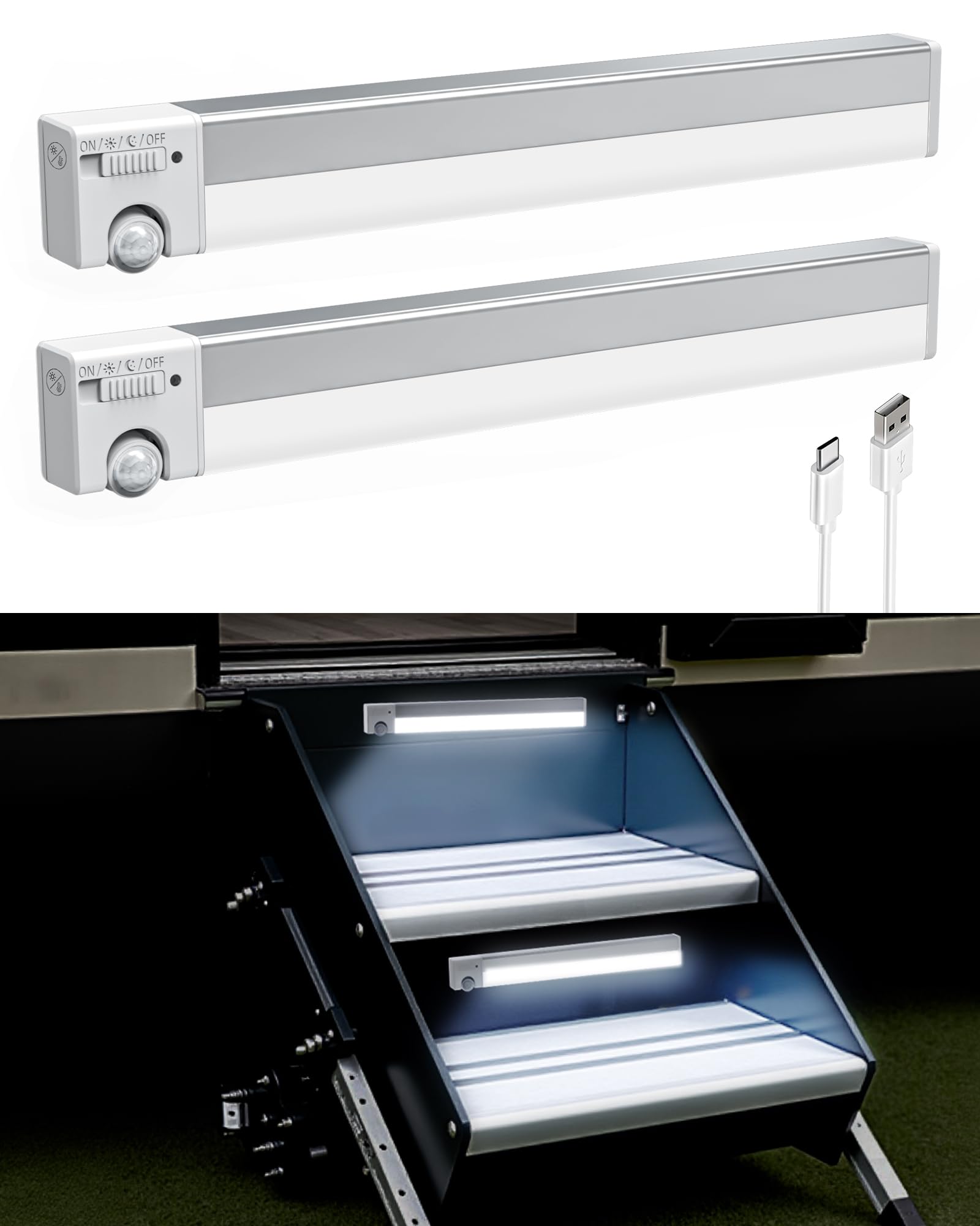 Motion Activated RV Step Lights, 4000mAh Rechargeable Battery Operated Motorhome Motion Sensor led Light Strip, 24 LED Magnetic Night Light Bar for Motorhome Travel, Camper, Travel Trailers (2 Pack)